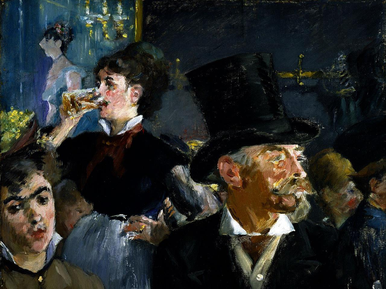 Painting of male and female cafe-goers dressed in late 1800s attire.