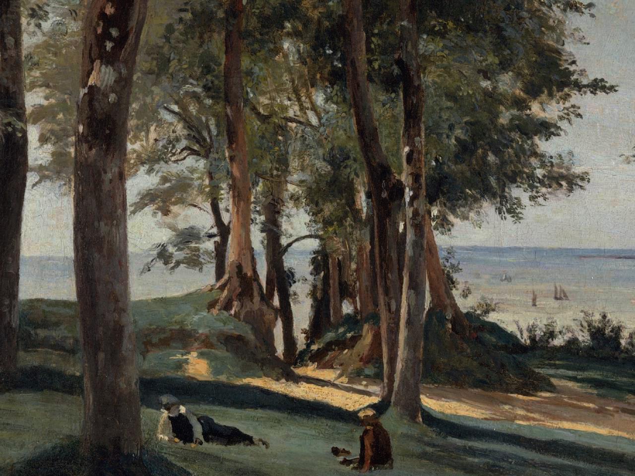 The site of the Calvary, a shrine built in 1628 at the top of a cliff overlooking the medieval town of Honfleur, was popular in the nineteenth century among tourists, pilgrims, and people offering prayers for men at sea. Corot painted this work during a trip to Normandy, probably in 1830.