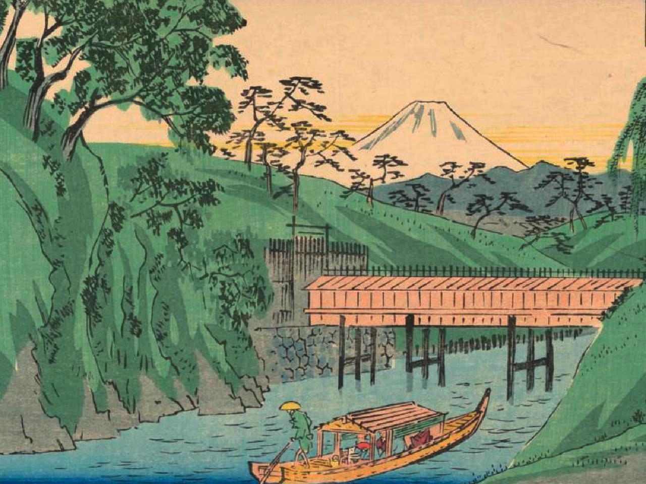 This quiet scene between a channel of water shows the famous Mt. Fuji in the background. A man in the foreground carries a group of passengers away from the auspicious mountain.
