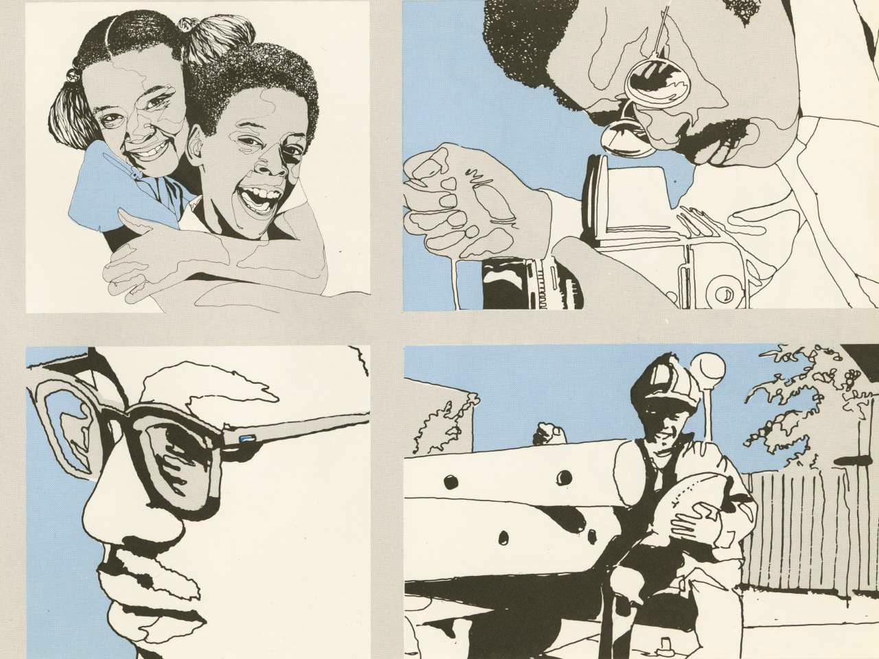 A pamphlet titled People. The pamphlet is one of eight found in a portfolio titled Soul City. The pamphlet is printed using blue and black ink. The front features six images. The images are of two people in front of a blackboard, a girl hugging a woman, a man taking a picture, a baby, a man’s face and a boy holding a football. The pamphlet describes how the community plans to improve the quality of life for residents.