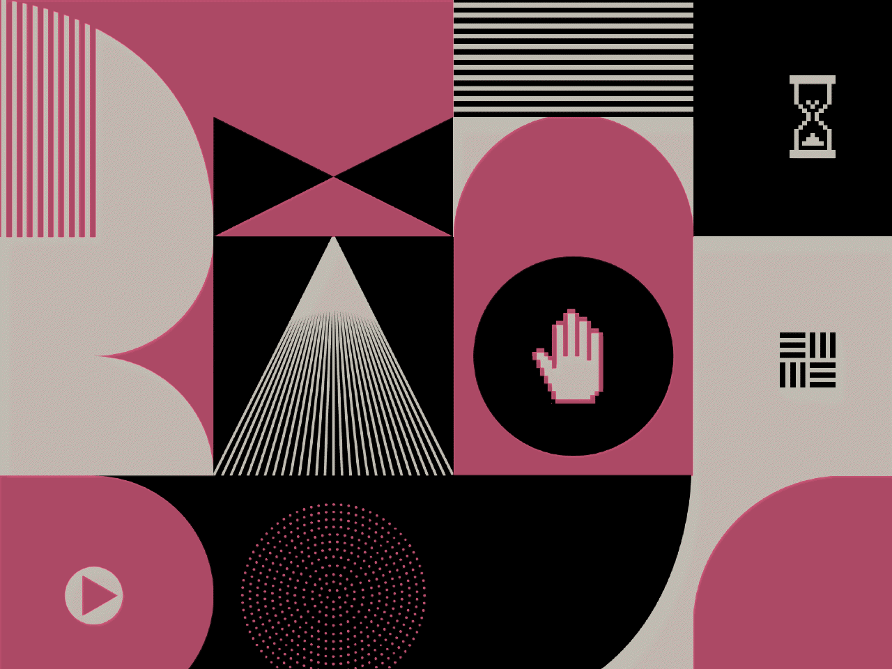 A series of icons in a grid depicting actions one might take on a computer, with a magenta and grey color overlay.